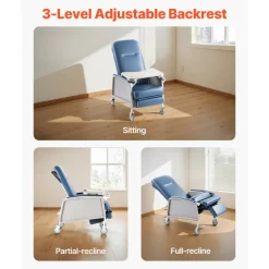 VEVOR Geri Chair Recliner, 3-Position Reclining Geri Chair, Movable Medical Recliner Chairs with 4 Wheels, Soft Padded Seat & Detachable Tray, Ideal for Hospital, Nursing Home, and Geriatric Home Care