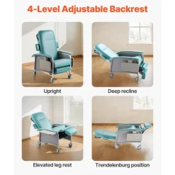 VEVOR Geri Chair Recliner, 4-Position Reclining Geri Chair, Trendelenburg Medical Recliner Chair with 4 Wheels, Soft Padded Seat & 2 Trays for Hospital, Nursing Home, Geriatric Home Care