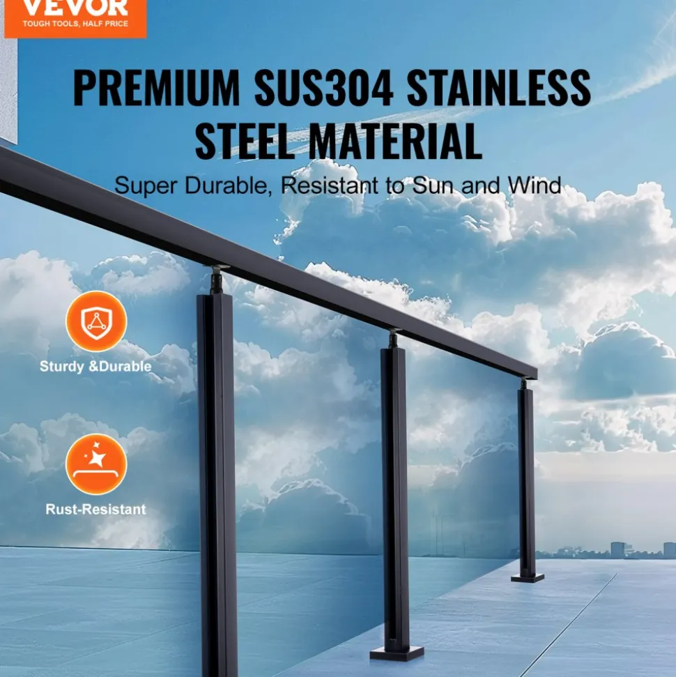 VEVOR Glass Clamp, 35.83" Height Glass Railing Bracket for 0.39 "-0.47 " Thickness Tempered Glass, 304 Stainless Steel Glass Mounting Clamp, Glass Shelf Bracket for Balcony, Garden, Deck, Stair, Black