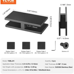 VEVOR Glass Clamp, 4 PCS Rectangle Glass Railing Bracket for 0.31 "-0.47 " Tempered Glass, 304 Stainless Steel Glass Mounting Clamp, 0.2” Thick Glass Shelf Bracket for Balcony, Garden, Pool, Stair