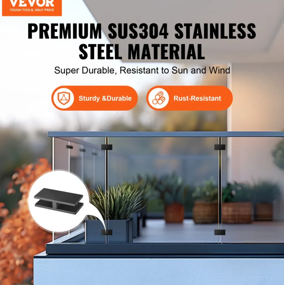 VEVOR Glass Clamp, 4 PCS Rectangle Glass Railing Bracket for 0.31 "-0.47 " Tempered Glass, 304 Stainless Steel Glass Mounting Clamp, 0.2” Thick Glass Shelf Bracket for Balcony, Garden, Pool, Stair