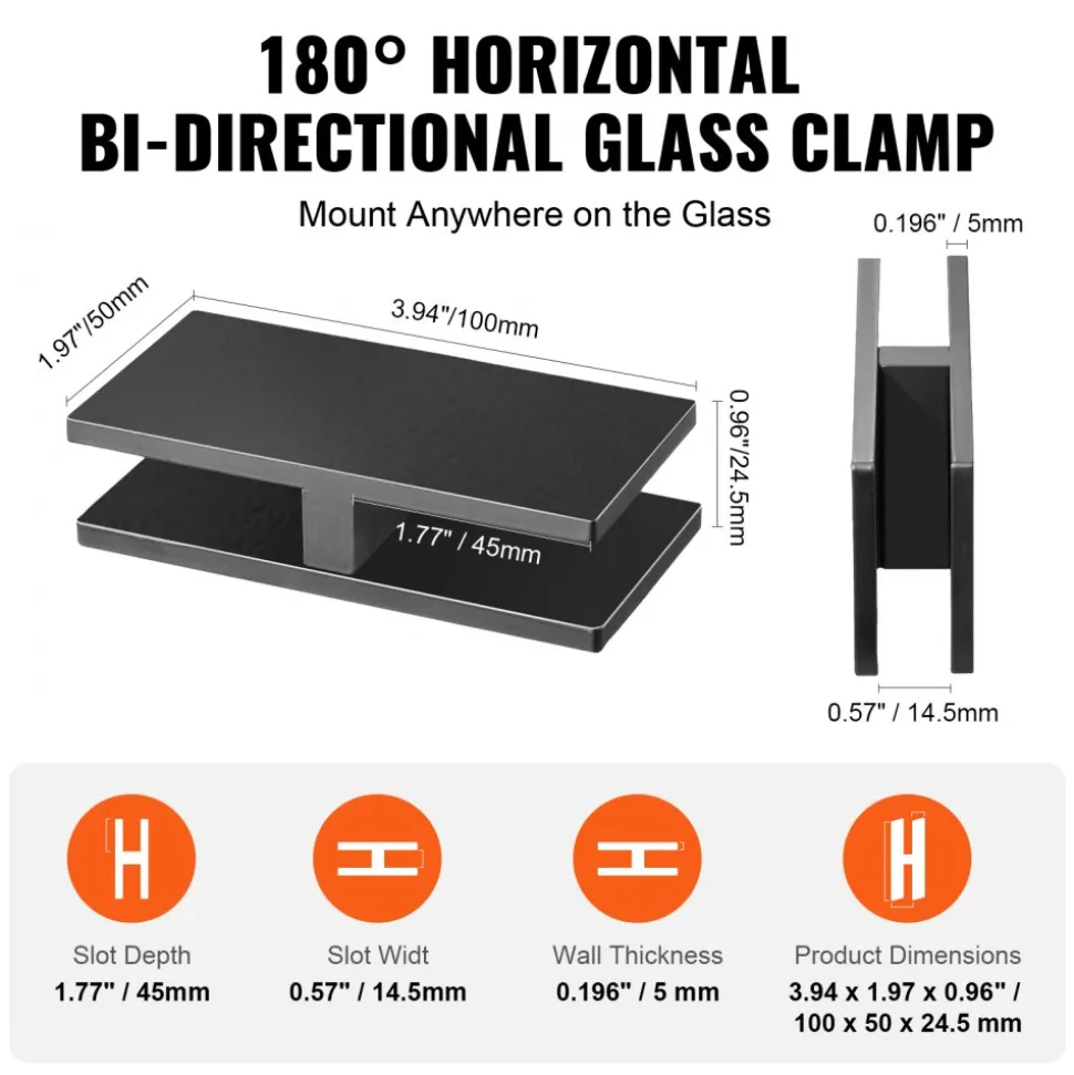 VEVOR Glass Clamp, 4 PCS Rectangle Glass Railing Bracket for 0.31 "-0.47 " Tempered Glass, 304 Stainless Steel Glass Mounting Clamp, 0.2” Thick Glass Shelf Bracket for Balcony, Garden, Pool, Stair