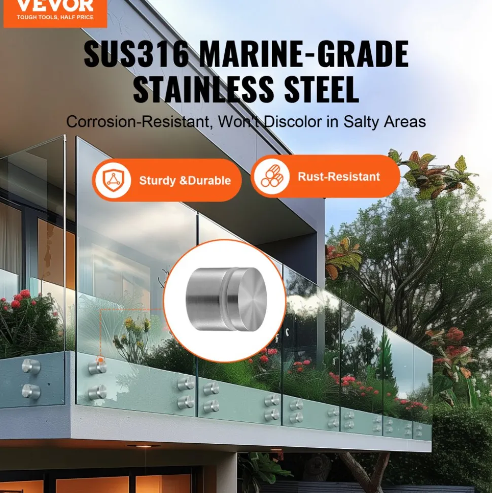 VEVOR Glass Clamp, 10 PCS Round Glass Railing Bracket for 0.31 "-0.62 " Tempered Glass, 316 Stainless Steel Glass Mounting Clamp, Glass Shelf Bracket for Balcony, Garden, Pool, Stair, Silver