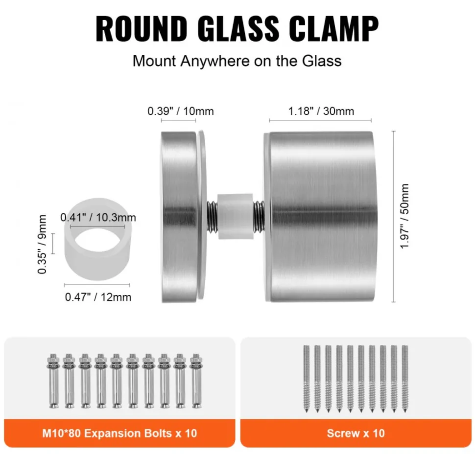 VEVOR Glass Clamp, 10 PCS Round Glass Railing Bracket for 0.31 "-0.62 " Tempered Glass, 316 Stainless Steel Glass Mounting Clamp, Glass Shelf Bracket for Balcony, Garden, Pool, Stair, Silver