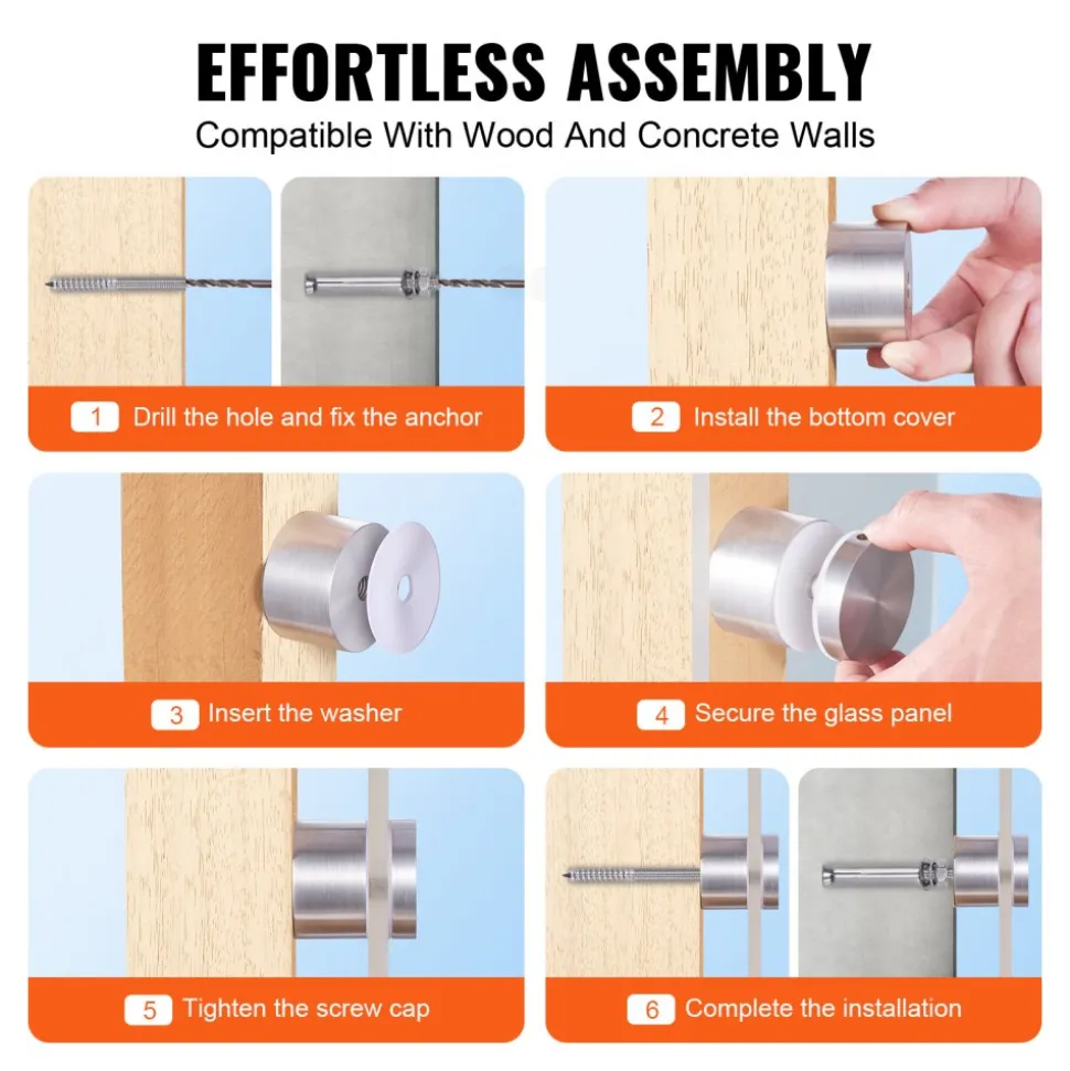 VEVOR Glass Clamp, 10 PCS Round Glass Railing Bracket for 0.31 "-0.62 " Tempered Glass, 316 Stainless Steel Glass Mounting Clamp, Glass Shelf Bracket for Balcony, Garden, Pool, Stair, Silver