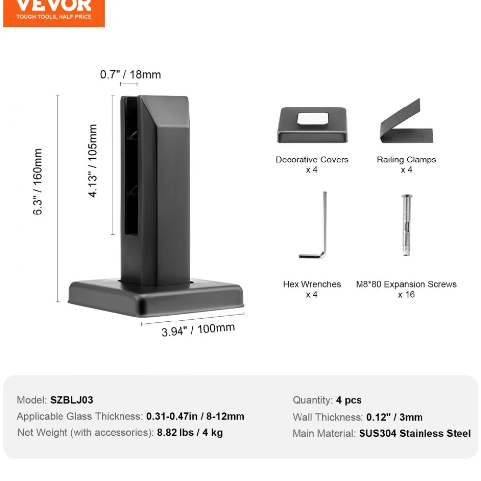 VEVOR Glass Clamp, 4 PCS Square Glass Railing Bracket for 0.31 "-0.47 " Tempered Glass, 304 Stainless Steel Glass Mounting Clamp, 0.12” Thick Glass Shelf Bracket for Balcony, Garden, Deck, Stair