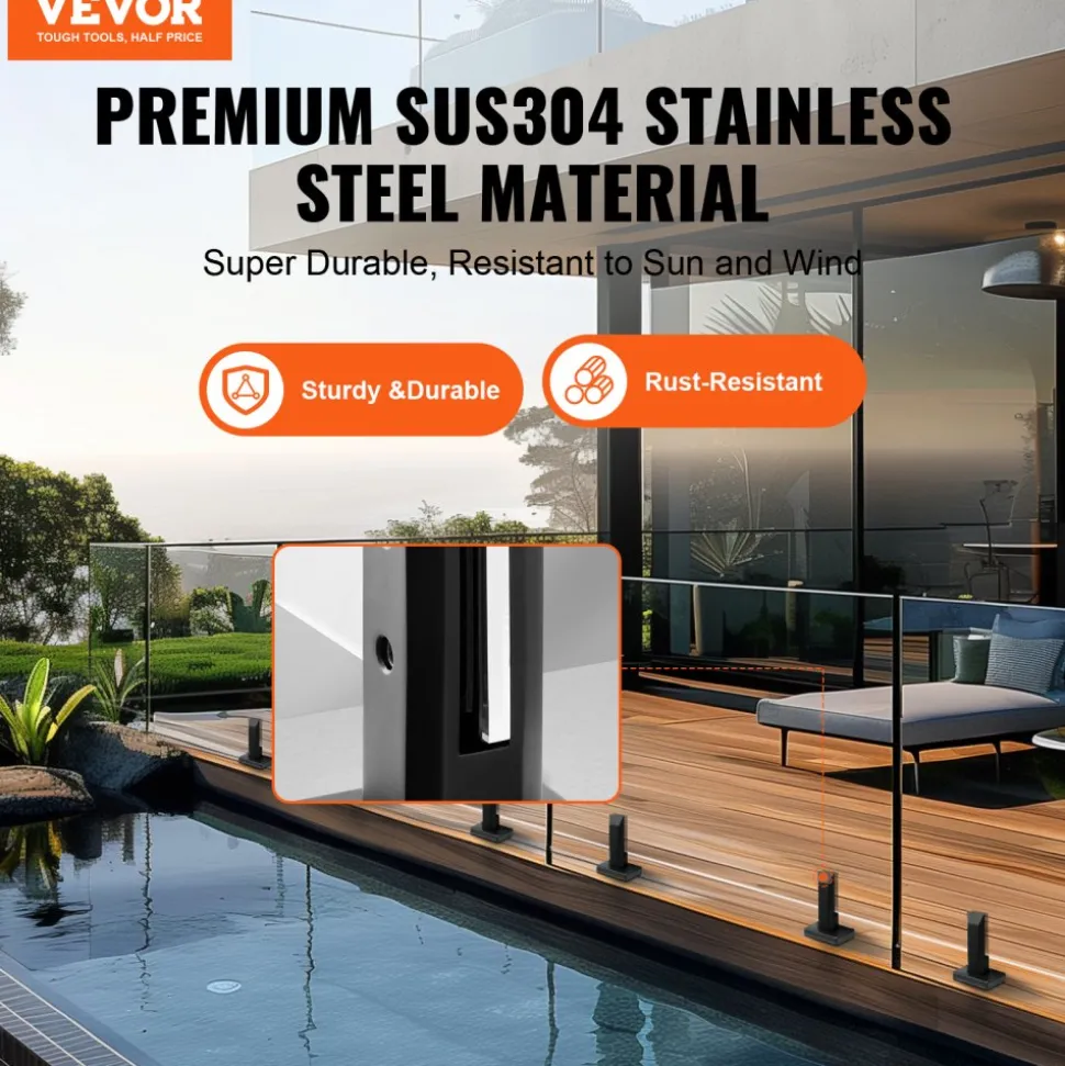 VEVOR Glass Clamp, 4 PCS Square Glass Railing Bracket for 0.31 "-0.47 " Tempered Glass, 304 Stainless Steel Glass Mounting Clamp, 0.12” Thick Glass Shelf Bracket for Balcony, Garden, Deck, Stair