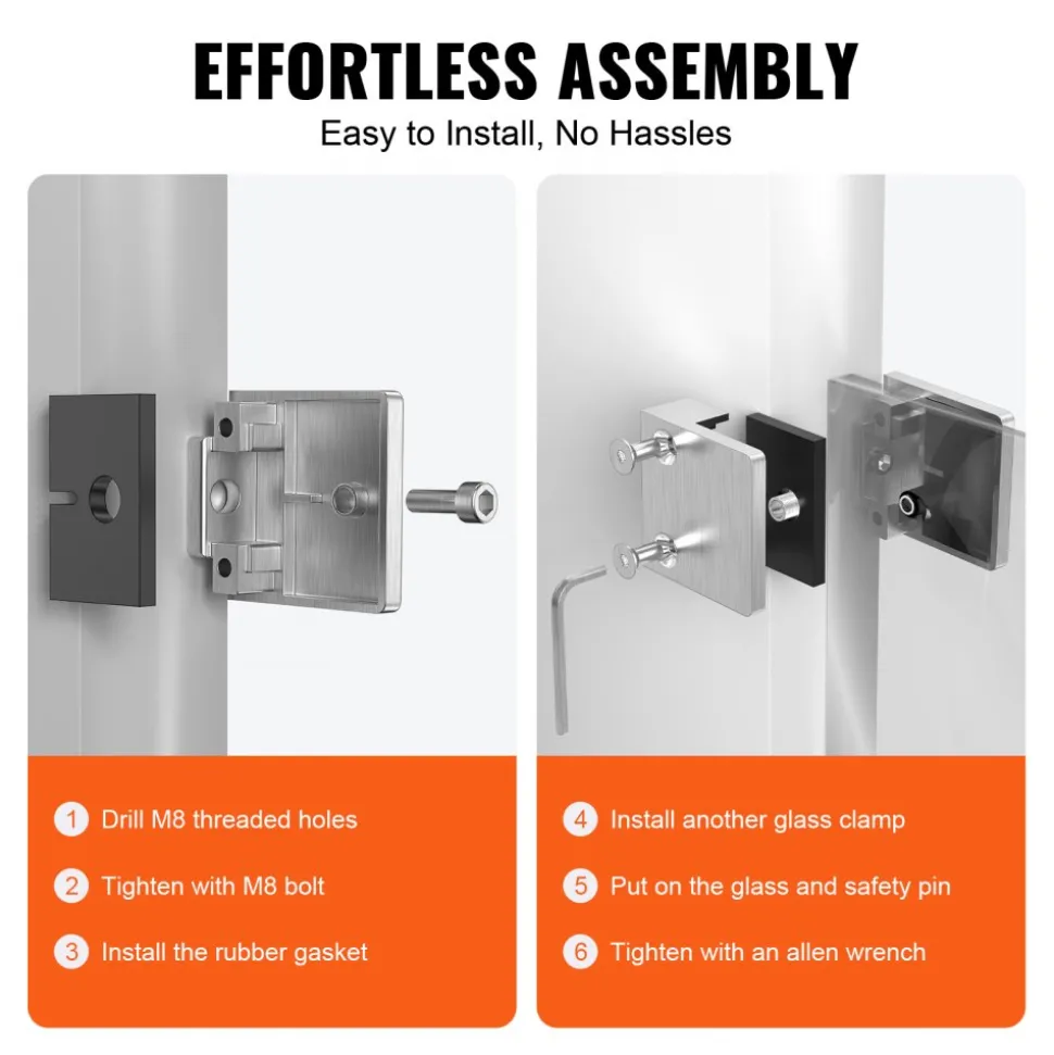 VEVOR Glass Clamp, 4 PCS Square Glass Railing Bracket for 0.31 "-0.47 " Tempered Glass, 304 Stainless Steel Glass Mounting Clamp, Glass Shelf Bracket for Balcony, Garden, Pool, Stair, Silver