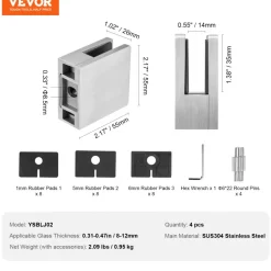 VEVOR Glass Clamp, 4 PCS Square Glass Railing Bracket for 0.31