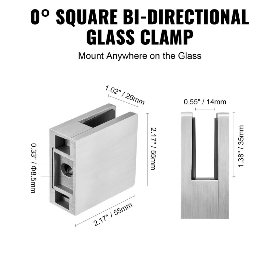 VEVOR Glass Clamp, 4 PCS Square Glass Railing Bracket for 0.31 "-0.47 " Tempered Glass, 304 Stainless Steel Glass Mounting Clamp, Glass Shelf Bracket for Balcony, Garden, Pool, Stair, Silver