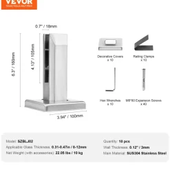 VEVOR Glass Clamp, 10 PCS Square Glass Railing Bracket for 0.31 