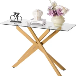 VEVOR Glass Coffee Table, Modern Rectangle Sofa Side Table with Tempered Glass Top & Iron Cross-Legs, Golden Geometric Consloe Desk with Adjustable Anti-slip Foot Pads for Living Room, Entryway, Foyer