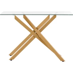 VEVOR Glass Coffee Table, Modern Rectangle Sofa Side Table with Tempered Glass Top & Iron Cross-Legs, Golden Geometric Consloe Desk with Adjustable Anti-slip Foot Pads for Living Room, Entryway, Foyer