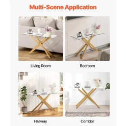 VEVOR Glass Coffee Table, Modern Rectangle Sofa Side Table with Tempered Glass Top & Iron Cross-Legs, Golden Geometric Consloe Desk with Adjustable Anti-slip Foot Pads for Living Room, Entryway, Foyer
