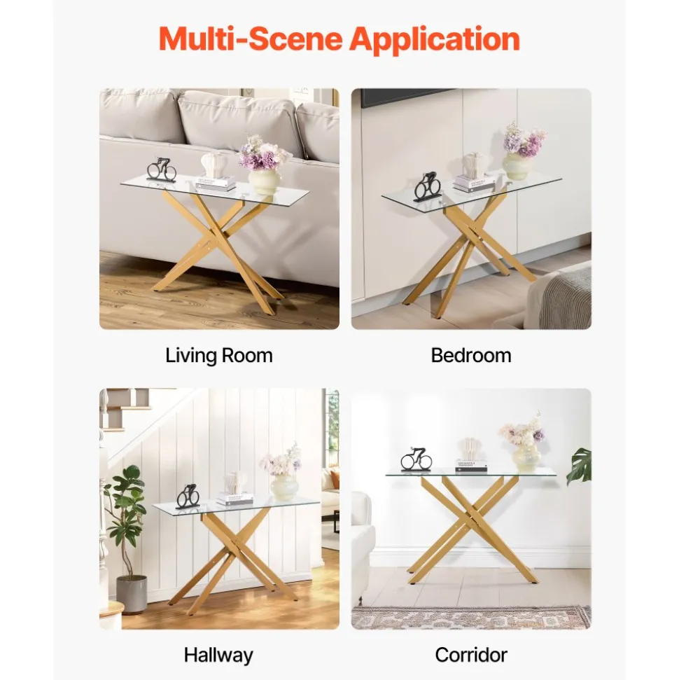 VEVOR Glass Coffee Table, Modern Rectangle Sofa Side Table with Tempered Glass Top & Iron Cross-Legs, Golden Geometric Consloe Desk with Adjustable Anti-slip Foot Pads for Living Room, Entryway, Foyer