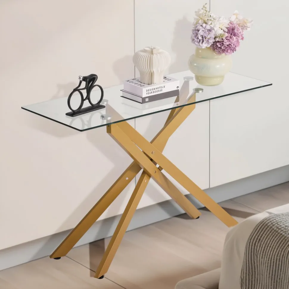 VEVOR Glass Coffee Table, Modern Rectangle Sofa Side Table with Tempered Glass Top & Iron Cross-Legs, Golden Geometric Consloe Desk with Adjustable Anti-slip Foot Pads for Living Room, Entryway, Foyer
