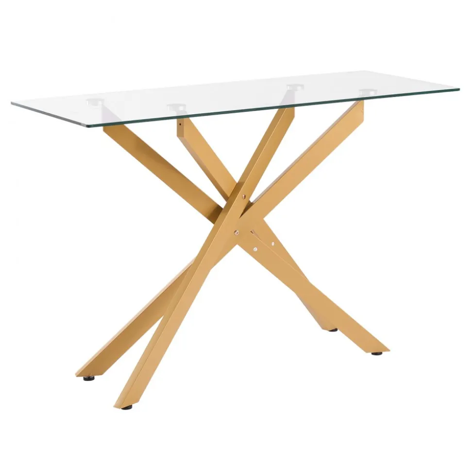 VEVOR Glass Coffee Table, Modern Rectangle Sofa Side Table with Tempered Glass Top & Iron Cross-Legs, Golden Geometric Consloe Desk with Adjustable Anti-slip Foot Pads for Living Room, Entryway, Foyer