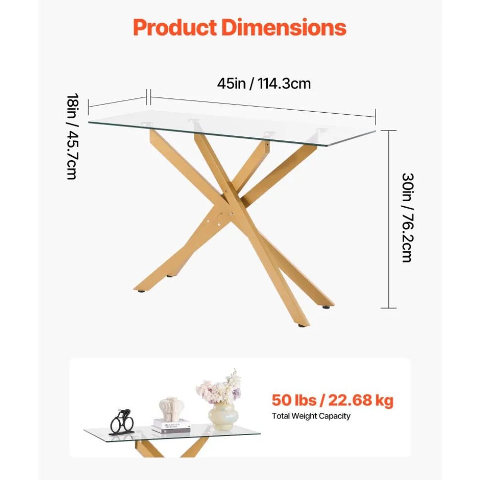VEVOR Glass Coffee Table, Modern Rectangle Sofa Side Table with Tempered Glass Top & Iron Cross-Legs, Golden Geometric Consloe Desk with Adjustable Anti-slip Foot Pads for Living Room, Entryway, Foyer