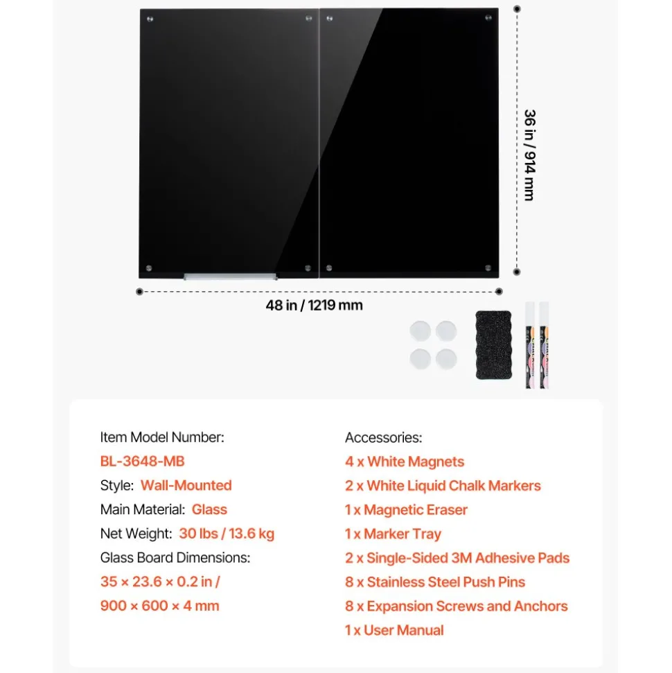 VEVOR Glass Dry Erase Board 2 Pack 35.4 x 23.6 in Black Magnetic Whiteboard, Wall-Mounted, Frameless, Thick Tempered Glass, with Markers, Magnets and Eraser, for Office, School Classroom, Home Study