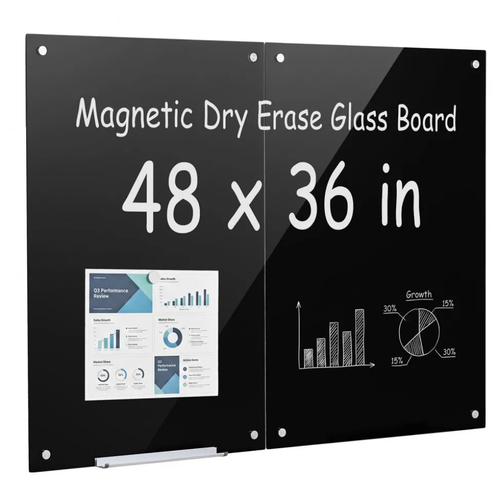 VEVOR Glass Dry Erase Board 2 Pack 35.4 x 23.6 in Black Magnetic Whiteboard, Wall-Mounted, Frameless, Thick Tempered Glass, with Markers, Magnets and Eraser, for Office, School Classroom, Home Study