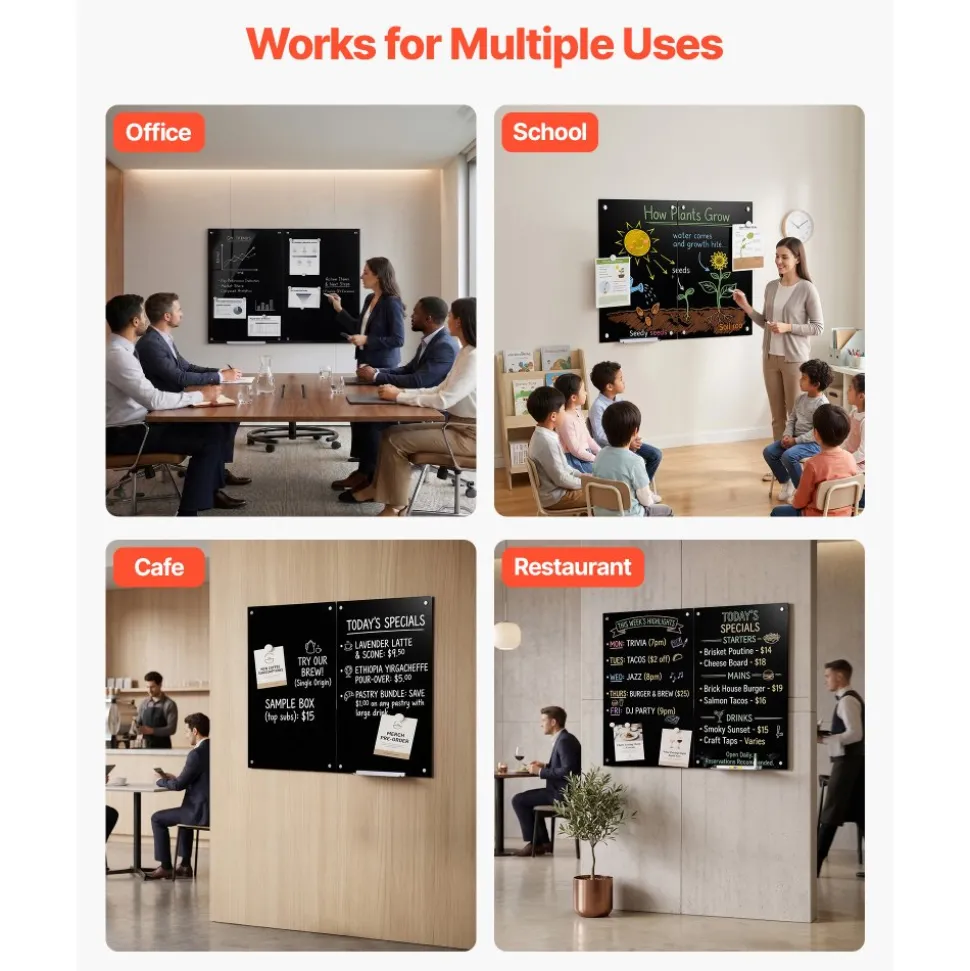 VEVOR Glass Dry Erase Board 2 Pack 35.4 x 23.6 in Black Magnetic Whiteboard, Wall-Mounted, Frameless, Thick Tempered Glass, with Markers, Magnets and Eraser, for Office, School Classroom, Home Study