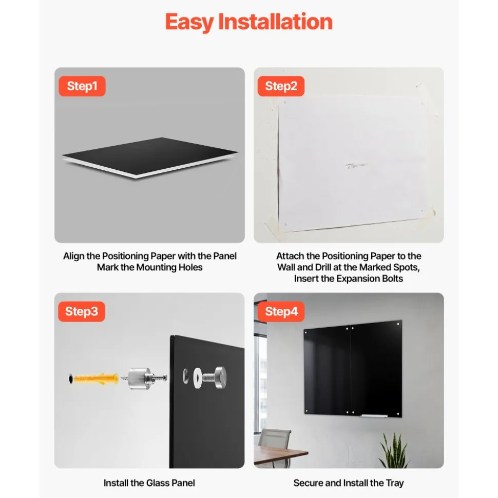 VEVOR Glass Dry Erase Board 2 Pack 35.4 x 23.6 in Black Magnetic Whiteboard, Wall-Mounted, Frameless, Thick Tempered Glass, with Markers, Magnets and Eraser, for Office, School Classroom, Home Study