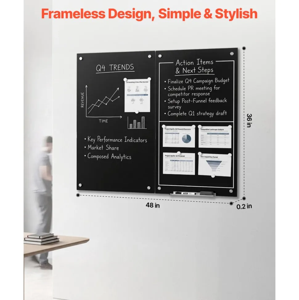 VEVOR Glass Dry Erase Board 2 Pack 35.4 x 23.6 in Black Magnetic Whiteboard, Wall-Mounted, Frameless, Thick Tempered Glass, with Markers, Magnets and Eraser, for Office, School Classroom, Home Study