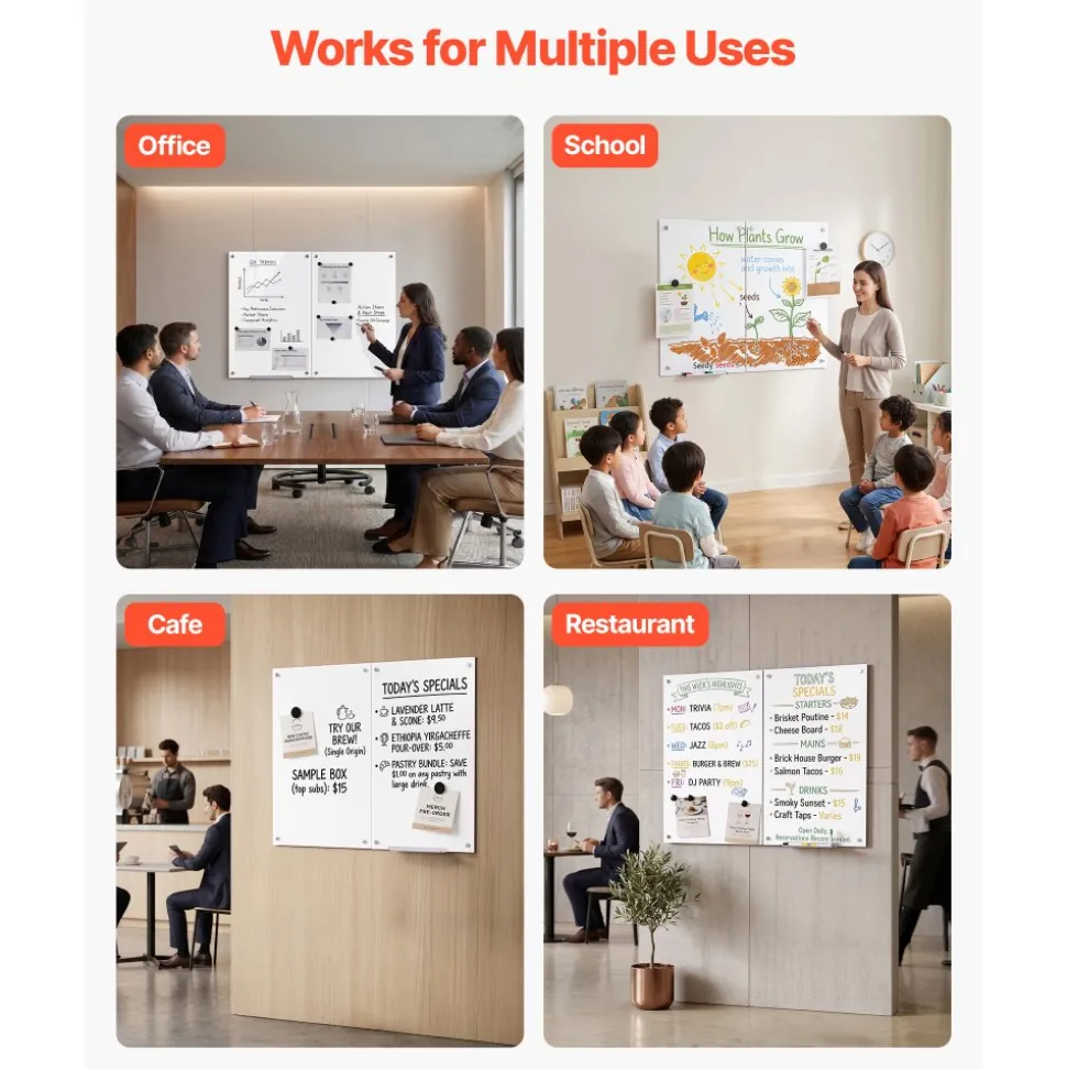 VEVOR Glass Dry Erase Board 2 Pack 35.4 x 23.6 in White Magnetic Whiteboard, Wall-Mounted, Frameless, Thick Tempered Glass, with Markers, Magnets and Eraser, for Office, School Classroom, Home Study