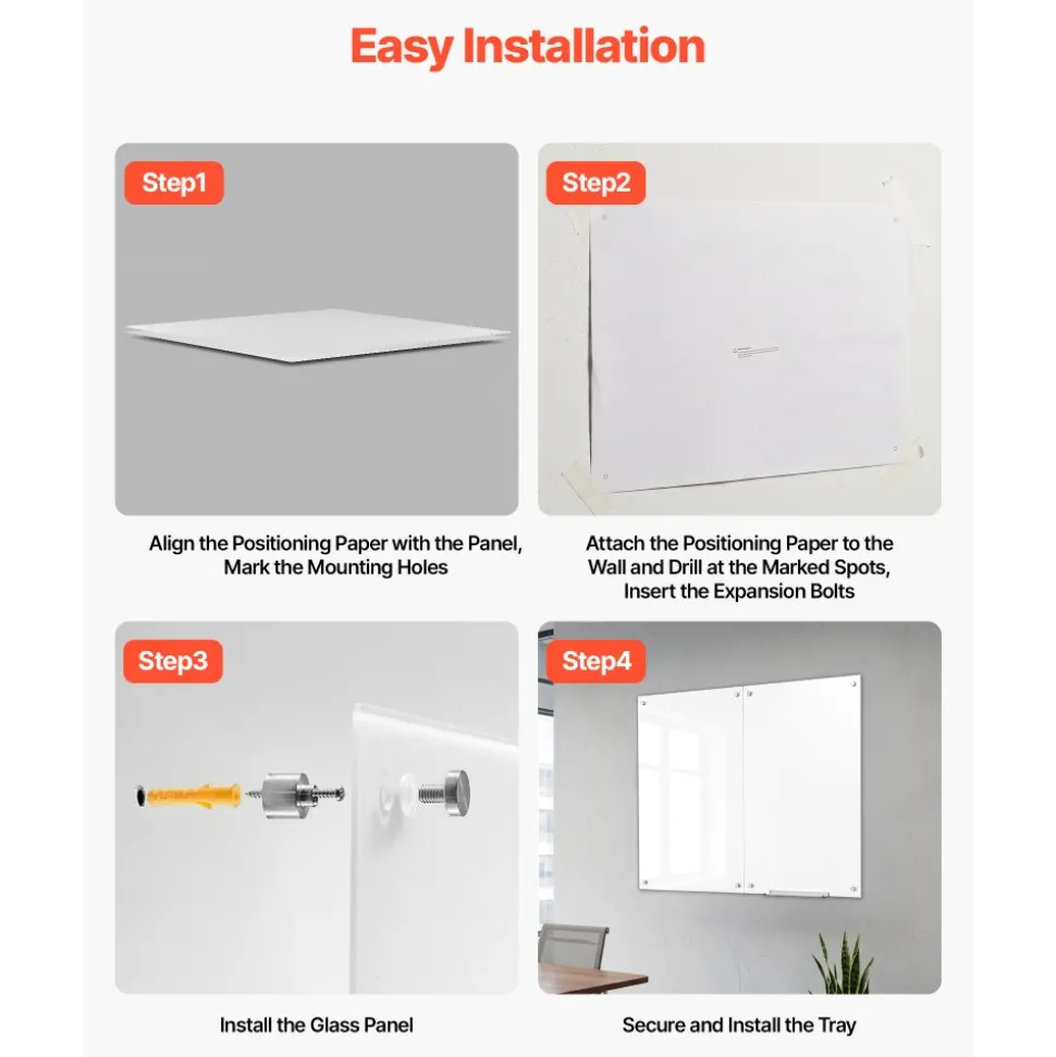 VEVOR Glass Dry Erase Board 2 Pack 35.4 x 23.6 in White Magnetic Whiteboard, Wall-Mounted, Frameless, Thick Tempered Glass, with Markers, Magnets and Eraser, for Office, School Classroom, Home Study