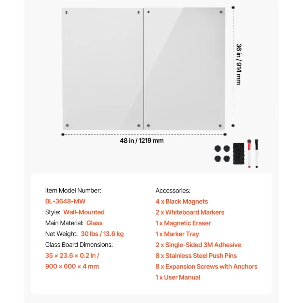 VEVOR Glass Dry Erase Board 2 Pack 35.4 x 23.6 in White Magnetic Whiteboard, Wall-Mounted, Frameless, Thick Tempered Glass, with Markers, Magnets and Eraser, for Office, School Classroom, Home Study