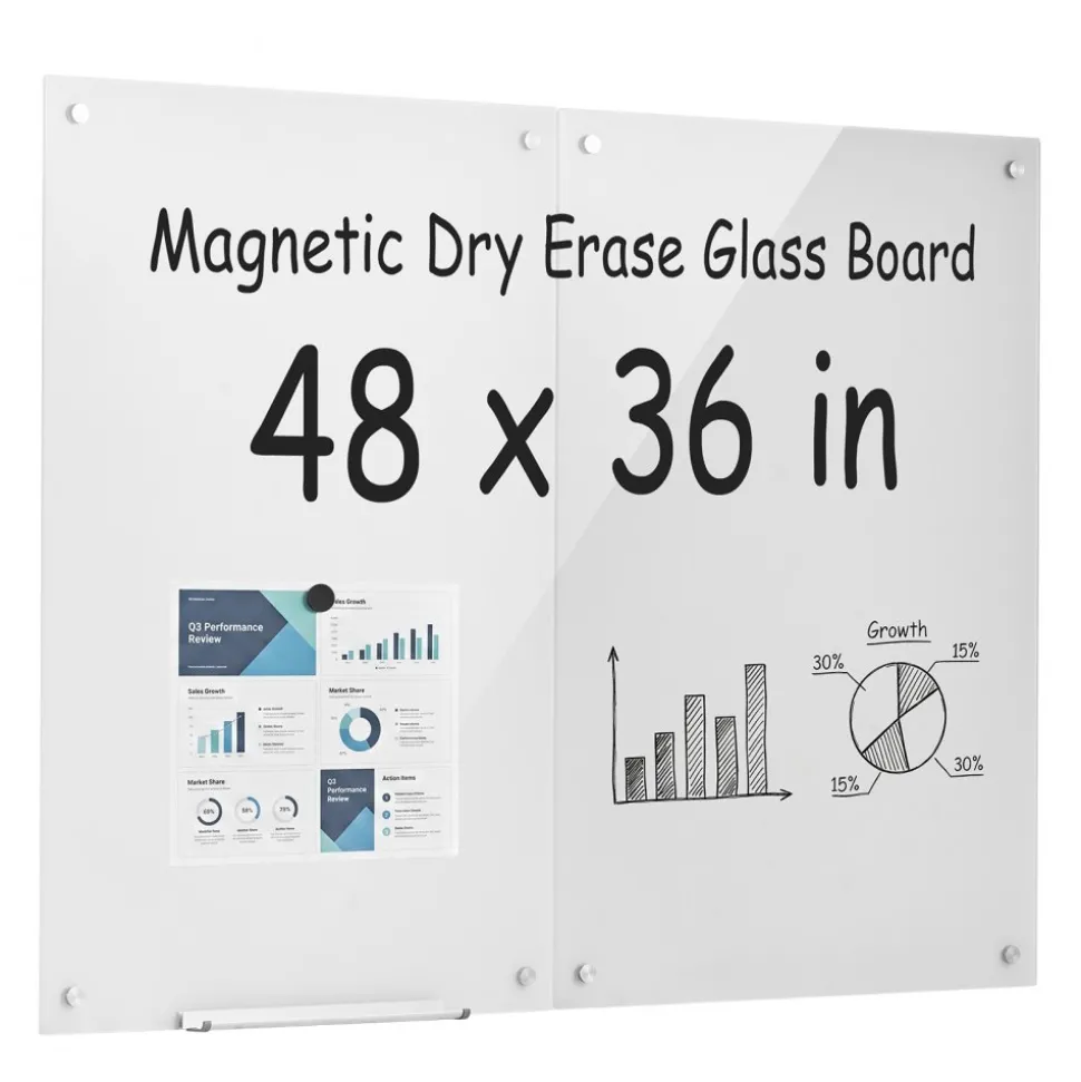 VEVOR Glass Dry Erase Board 2 Pack 35.4 x 23.6 in White Magnetic Whiteboard, Wall-Mounted, Frameless, Thick Tempered Glass, with Markers, Magnets and Eraser, for Office, School Classroom, Home Study