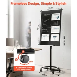 VEVOR Glass Dry Erase Board 35.4 x 23.6 in Magnetic Whiteboard Round Base, Frameless, Mobile with Stand and Wheels, Includes Markers, Magnets and Eraser, for Office, School Classroom, Home, Black