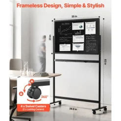VEVOR Glass Dry Erase Board 35 x 23 in Magnetic Whiteboard with Base Black, Frameless, Mobile with Stand and Wheels, Includes Markers, Magnets and Eraser, for Office, School Classroom, and Home
