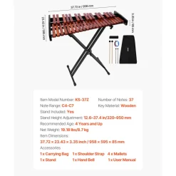 VEVOR Glockenspiel Xylophone, 37 Notes, Wooden Professional Xylophone Percussion Instrument, with Height Adjustable Stand, 4 Mallets, Carrying Bag, Beginner Musical Instrument Kit for Adults and Kids