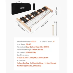 VEVOR Glockenspiel Xylophone, 27 Notes, Professional Xylophone Percussion Instrument, with Metal Keys, Includes 4 Mallets, Carrying Bag, Beginner Musical Instrument for Adults and Kids Music Teaching