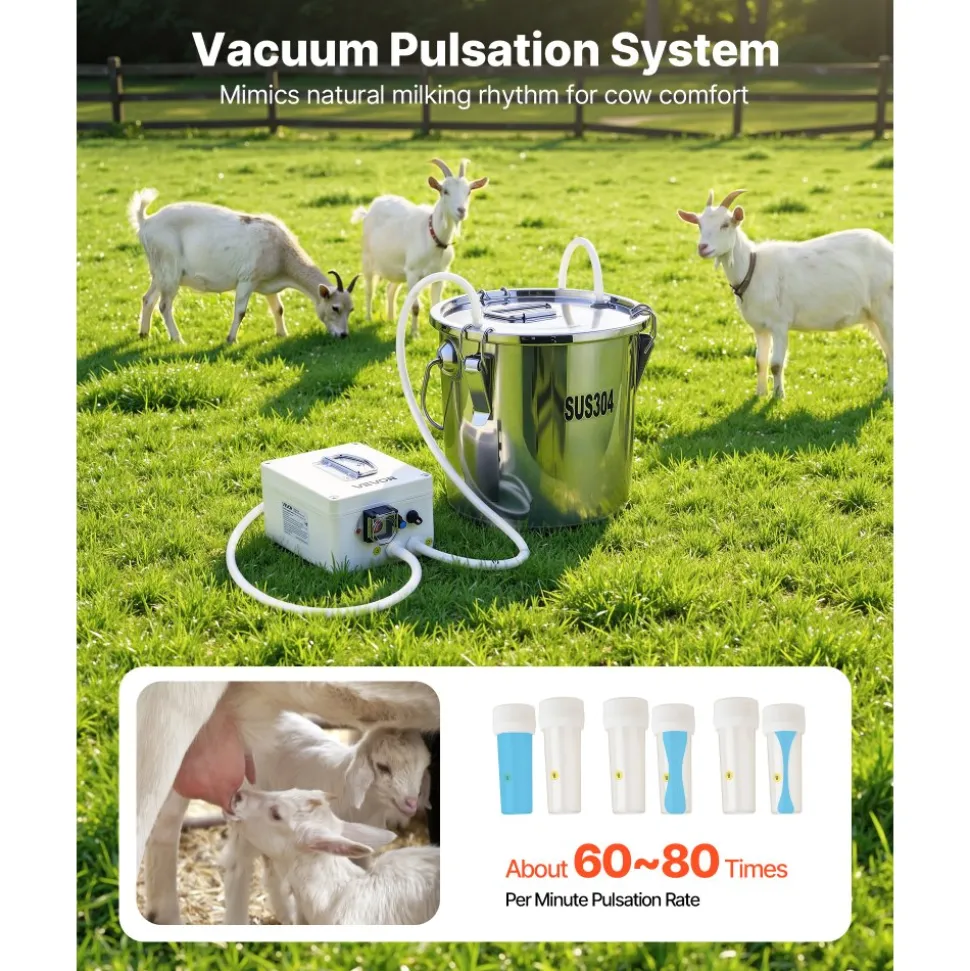 VEVOR Goat Milking Machine, 0.8 Gal / 3 L Food-Grade Stainless Steel Bucket, with 5200 mAh Rechargeable Battery, 2 Teat Cups, Cordless Portable Pulsation Vaccum Electric Milking Machine for Goats Only