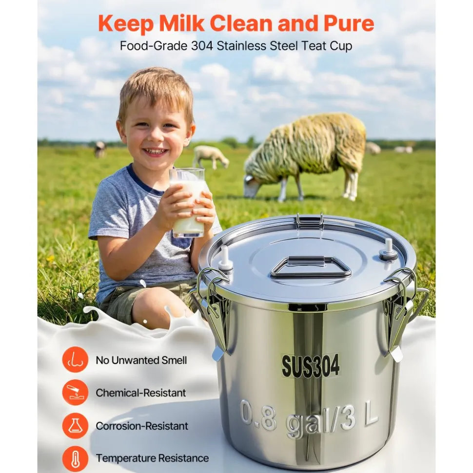VEVOR Goat Milking Machine, 0.8 Gal / 3 L Food-Grade Stainless Steel Bucket, with 5200 mAh Rechargeable Battery, 2 Teat Cups, Cordless Portable Pulsation Vaccum Electric Milking Machine for Goats Only