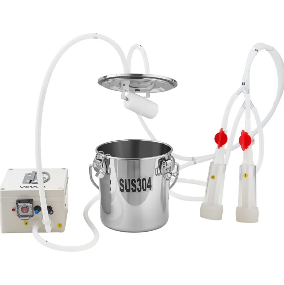 VEVOR Goat Milking Machine, 0.8 Gal / 3 L Food-Grade Stainless Steel Bucket, with 5200 mAh Rechargeable Battery, 2 Teat Cups, Cordless Portable Pulsation Vaccum Electric Milking Machine for Goats Only