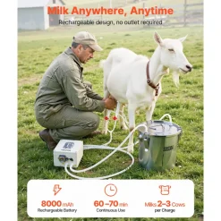 VEVOR Goat Milking Machine, 3.2 Gal / 12 L Food-Grade Stainless Steel Bucket, 4 Teat Cups for Cows and Goats, with 8000 mAh Rechargeable Battery, Electric Pulsation Milking Machine Portable Milker