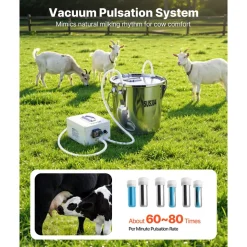 VEVOR Goat Milking Machine, 3.2 Gal / 12 L Food-Grade Stainless Steel Bucket, 4 Teat Cups for Cows and Goats, with 8000 mAh Rechargeable Battery, Electric Pulsation Milking Machine Portable Milker