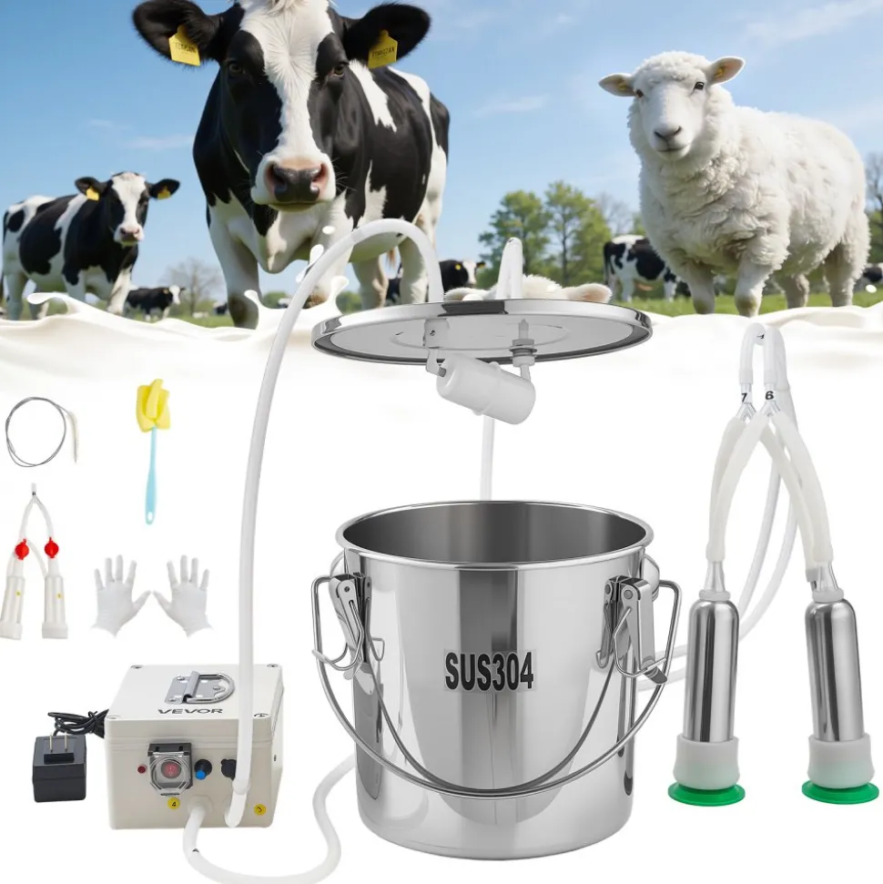 VEVOR Goat Milking Machine, 3.2 Gal / 12 L Food-Grade Stainless Steel Bucket, 4 Teat Cups for Cows and Goats, with 8000 mAh Rechargeable Battery, Electric Pulsation Milking Machine Portable Milker