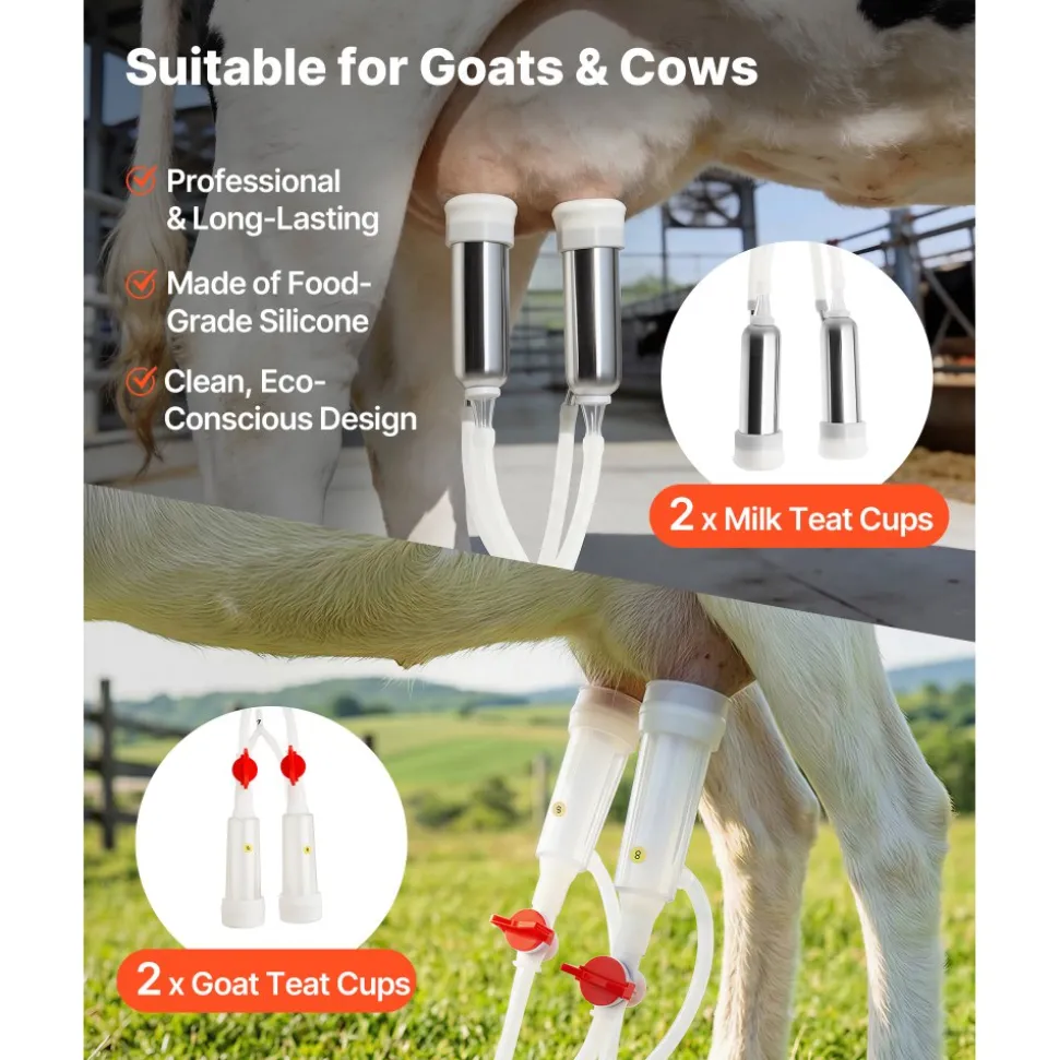 VEVOR Goat Milking Machine, 3.2 Gal / 12 L Food-Grade Stainless Steel Bucket, 4 Teat Cups for Cows and Goats, with 8000 mAh Rechargeable Battery, Electric Pulsation Milking Machine Portable Milker