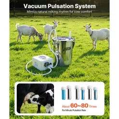 VEVOR Goat Milking Machine, 1.8 Gal / 7 L Food-Grade Stainless Steel Bucket, 4 Teat Cups for Cows and Goats, with 8000 mAh Rechargeable Battery, Electric Pulsation Milking Machine Portable Milker