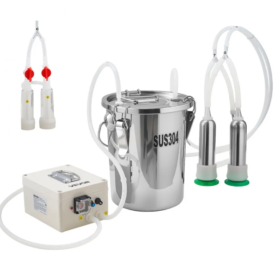 VEVOR Goat Milking Machine, 1.8 Gal / 7 L Food-Grade Stainless Steel Bucket, 4 Teat Cups for Cows and Goats, with 8000 mAh Rechargeable Battery, Electric Pulsation Milking Machine Portable Milker