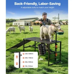 VEVOR Goat Milking Stand, 600 lbs Heavy Duty Goat Stand with Ramp & Feed Bin, Adjustable Headpiece & Tool Basket, Stanchion for Grooming & Hoof Trimming, Metal Livestock Platform for Sheep Lamb, Black