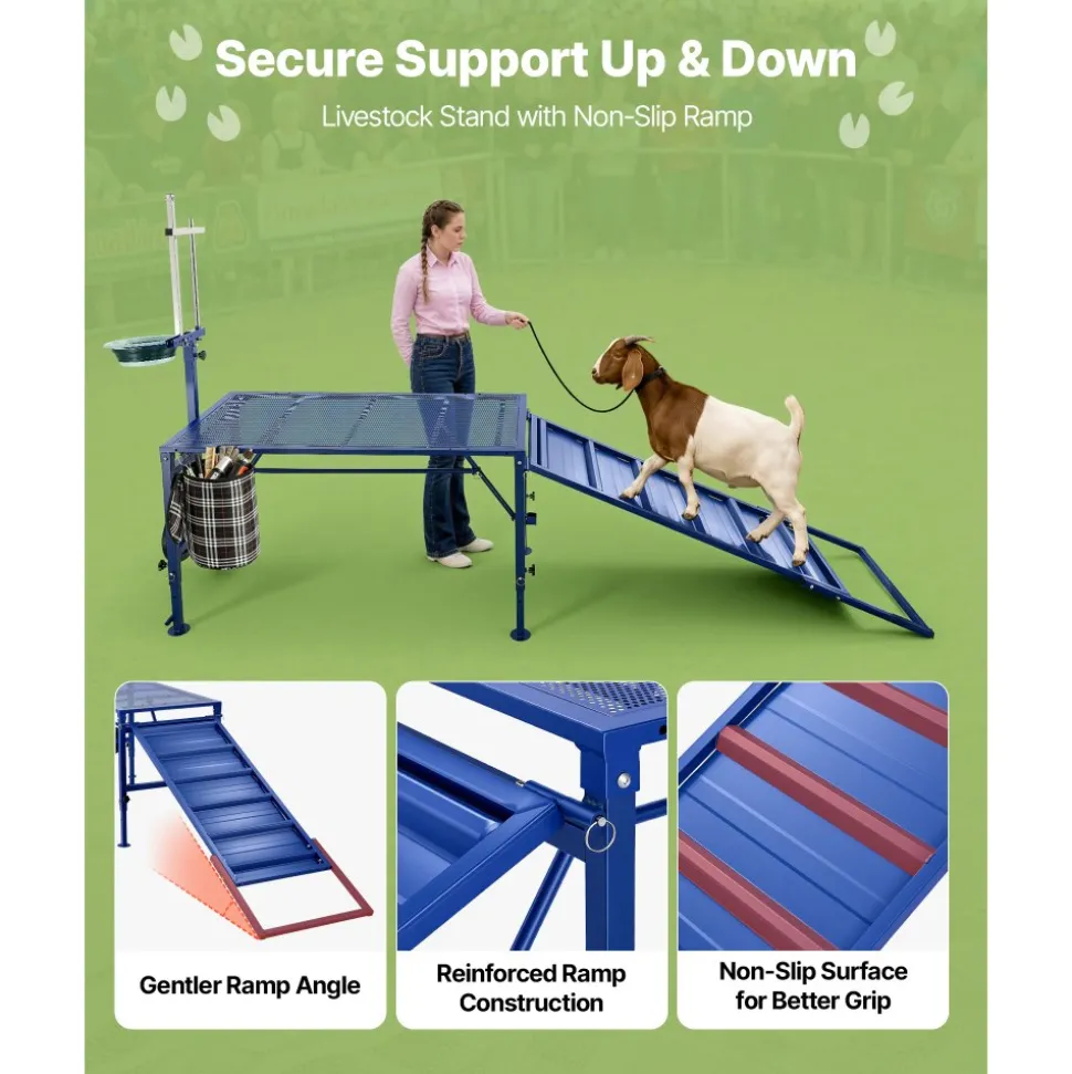 VEVOR Goat Milking Stand, 600 lbs Heavy Duty Foldable Goat Stand with Ramp, Feed Bin & Wheels, Adjustable Headpiece & Basket, Stanchion for Grooming & Hoof Trimming, Metal Livestock Platform for Sheep