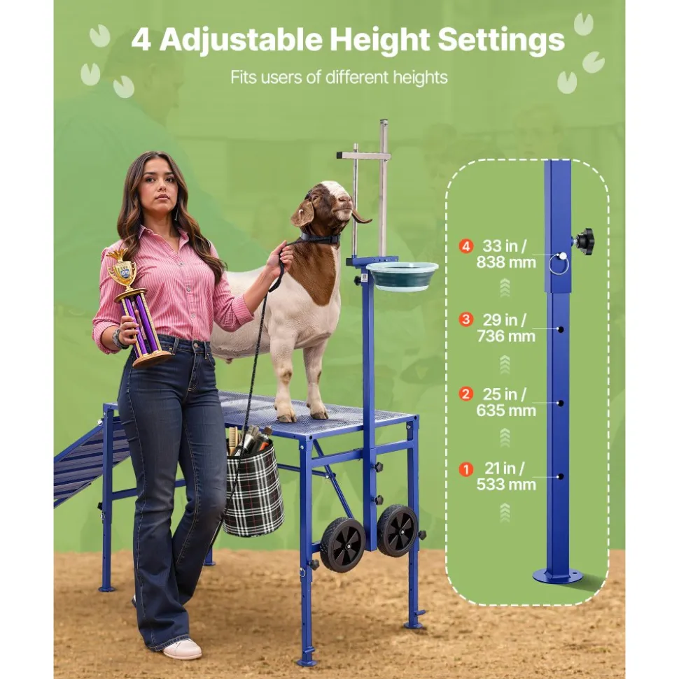 VEVOR Goat Milking Stand, 600 lbs Heavy Duty Foldable Goat Stand with Ramp, Feed Bin & Wheels, Adjustable Headpiece & Basket, Stanchion for Grooming & Hoof Trimming, Metal Livestock Platform for Sheep
