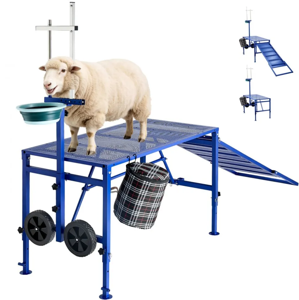 VEVOR Goat Milking Stand, 600 lbs Heavy Duty Foldable Goat Stand with Ramp, Feed Bin & Wheels, Adjustable Headpiece & Basket, Stanchion for Grooming & Hoof Trimming, Metal Livestock Platform for Sheep