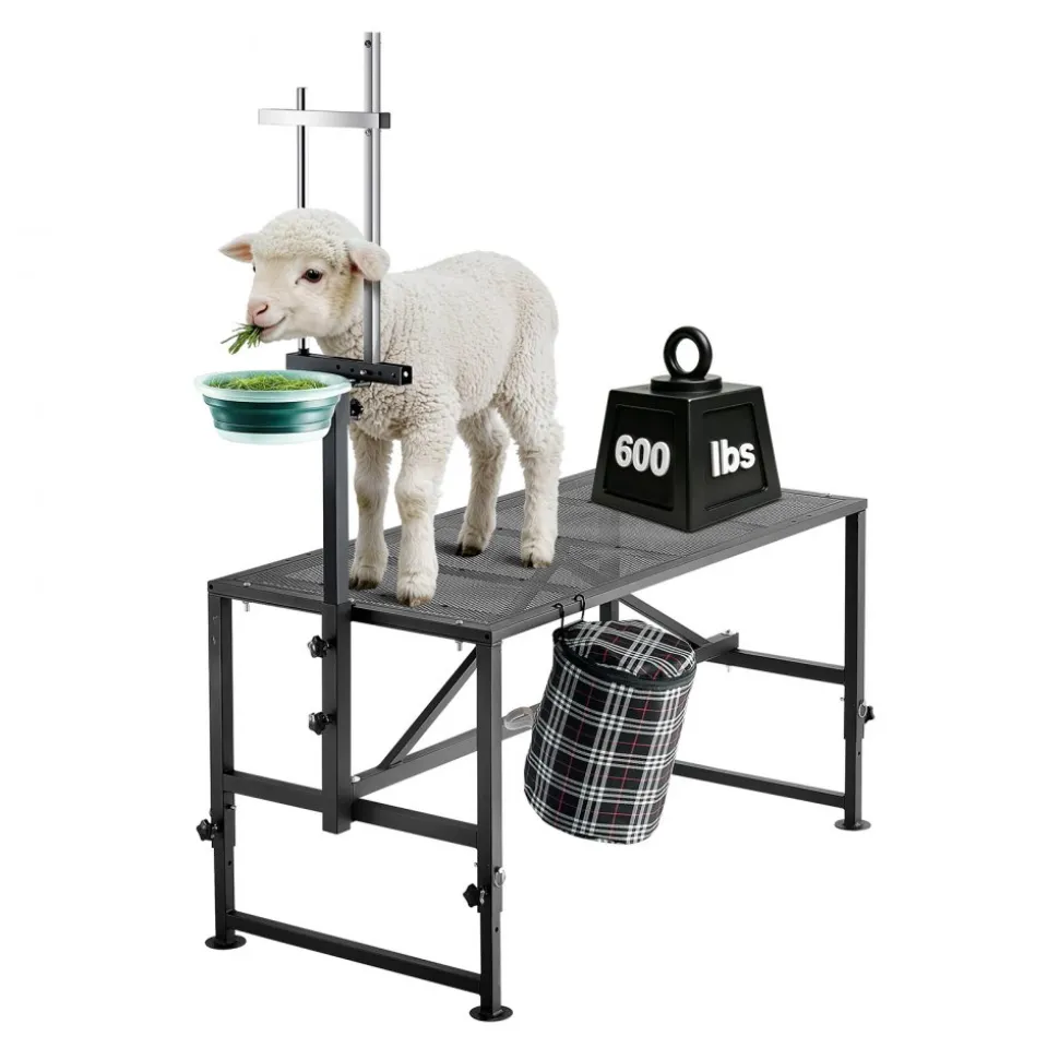 VEVOR Goat Milking Stand, 600 lbs Heavy Duty Goat Stand with Feed Bin, Adjustable Headpiece & Tool Basket, Stanchion for Grooming & Hoof Trimming, Metal Livestock Platform for Sheep, 47" x 23", Black