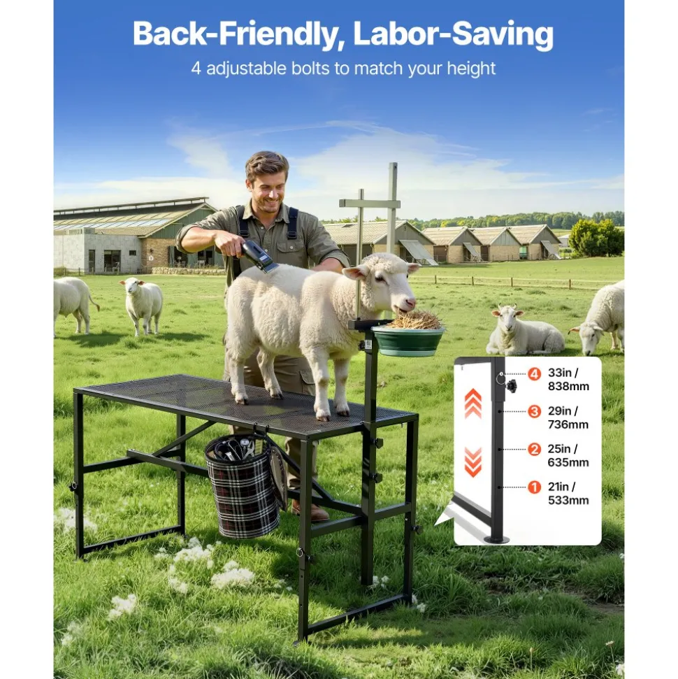 VEVOR Goat Milking Stand, 600 lbs Heavy Duty Goat Stand with Feed Bin, Adjustable Headpiece & Tool Basket, Stanchion for Grooming & Hoof Trimming, Metal Livestock Platform for Sheep, 51" x 23", Black